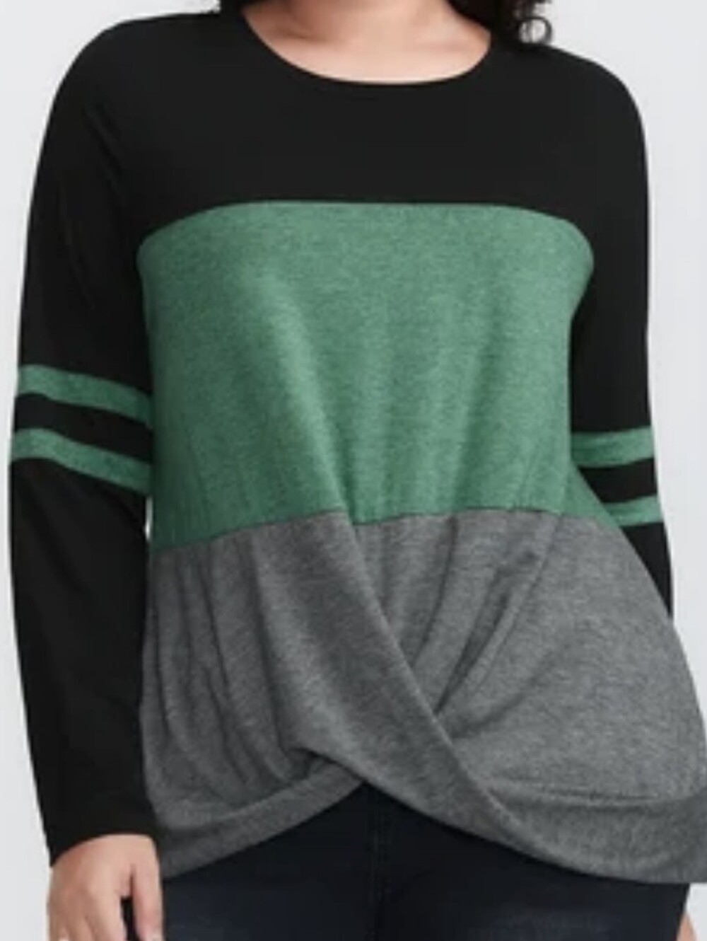 Colorblock Twist-Front Long Sleeve Top - Black, Green & Gray, Bloomchic Sz 14-16